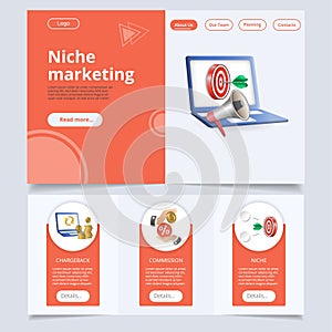 Niche marketing flat landing page website template. Chargeback, commission, niche. Web banner with header, content and