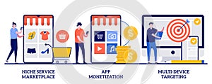 Niche service marketplace, app monetization, multi-device targeting concept with tiny people. Online retail vector illustration photo