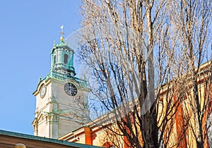 Nicholas church tower over Gamla Stan old town in Stockholm, Sweden