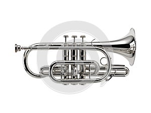 Nickel Cornet, Glossy Cornets, Cornets, Brass Music Instrument Isolated on White background