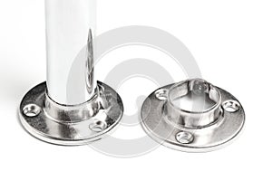 Nickel plated tube and two flanges for its attachment, white background.