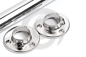 Nickel plated tube and two flanges for its attachment, white background.