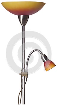 Nickel red and orange uplighter torchiere floor lamp with a small reading light, isolated on a white background