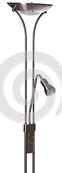 Nickel uplighter torchiere floor lamp with shade and  small reading light isolated on white background