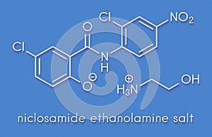 Niclosamide ethanolamine tapeworm drug molecule anthelmintic. May be useful as antidiabetic drug, acting as a mitochondrial.