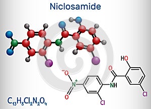 Niclosamide molecule. It is chlorinated salicylanilide, antihelminthic drug for the treatment of tapeworm infections photo