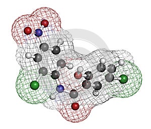 Niclosamide tapeworm drug molecule (anthelmintic). May be useful as antidiabetic drug, acting as a mitochondrial uncoupler. Atoms