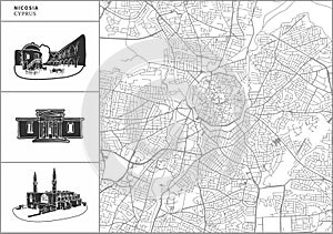 Nicosia city map with hand-drawn architecture icons photo
