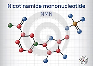 Nicotinamide mononucleotide, NMN molecule. It is naturally anti-aging metabolite, precursor of NAD+. Molecule model. Sheet of