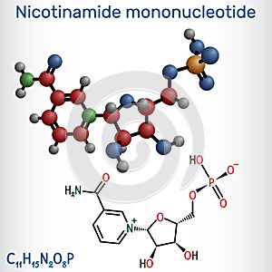 Nicotinamide mononucleotide, NMN molecule. It is naturally anti-aging metabolite, precursor of NAD+. Structural chemical formula,