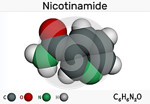 Nicotinamide, NAM, C6H6N2O  molecule. It is vitamin B3 found in food, used as a dietary supplement. Molecular model