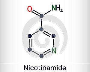 Nicotinamide, NAM, C6H6N2O  molecule. It is vitamin B3 found in food, used as a dietary supplement. Structural chemical formula