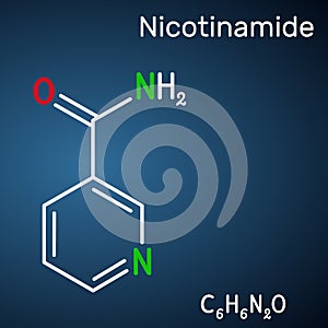 Nicotinamide, NAM, C6H6N2O  molecule. It is vitamin B3 found in food, used as a dietary supplement. Structural chemical formula on