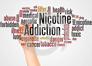 Nicotine addiction word cloud and hand with marker concept photo
