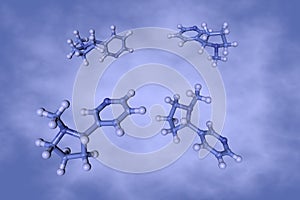 Nicotine, an alkaloid present in the nightshade family of plants. Molecular model on blue background. Scientific