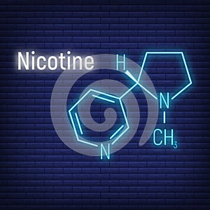 Nicotine concept glow neon style chemical formula icon label, text font vector illustration, isolated on wall background. Periodic