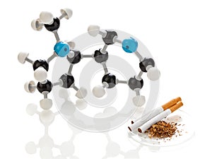 Nicotine molecule with tobacco and cigarettes photo