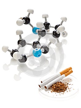 Nicotine molecule with tobacco and cigarettes