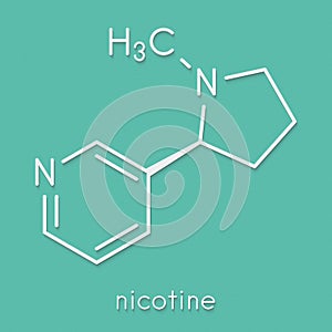 Nicotine tobacco stimulant molecule. Main addictive component in cigarette smoke. Skeletal formula.