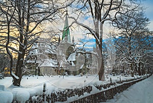 Nidarosdomen Cathedral in Trondheim. Beautiful wintertime