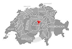 Nidwalden red highlighted in map of Switzerland