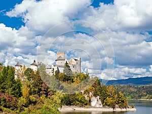 Nidzica old castle and lake in Poland. Landmark visited by many tourists.