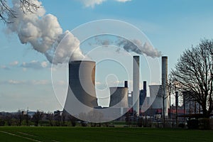 NiederauÃŸem, NRW, Germany, 07 03 2020, RWE coal fired power plangt NiederauÃŸem, chimney with exhaust gases