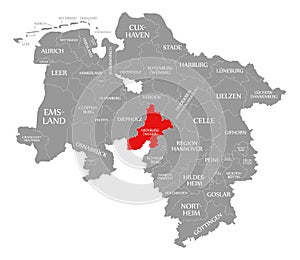 Nienburg county red highlighted in map of Lower Saxony Germany photo