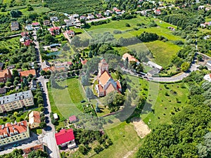 Nieszawa, Poland - August 11, 2021. Aerial view of Church of St. Jadwiga in Summer