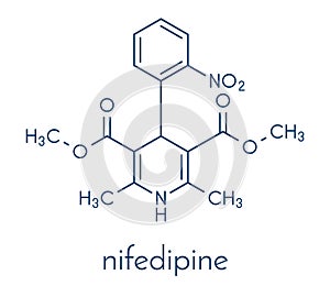 Nifedipine calcium channel blocker drug. Used in treatment of angina and hypertension high blood pressure. Skeletal formula.