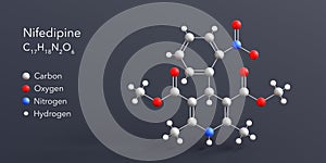 nifedipine molecule 3d rendering, flat molecular structure with chemical formula and atoms color coding