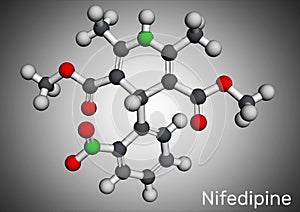 Nifedipine, molecule. It is dihydropyridine calcium channel blocking agent. Molecular model. 3D rendering