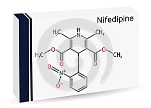 Nifedipine, molecule. It is dihydropyridine calcium channel blocking agent. Skeletal chemical formula. Paper packaging for drugs