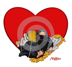 Niffler, comic, funny, cute illustration a Niffler & money & heart. Image with red heart backdrop. Valentine card illustration.