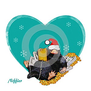Niffler - santa, comic, funny, cute illustration a Niffler & money. Image on winter, new year backdrop. Christmas illustration.