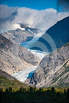 Nigardsbreen glacier arm of Jostedalsbreen glacier, Jostedalen valley as seen from the Jostedal visitor center