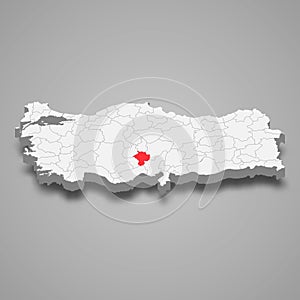 Nigde region location within Turkey 3d map photo