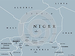 Niger, landlocked country in West Africa, gray political map photo