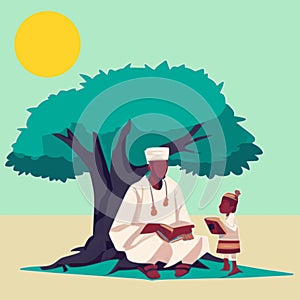 Niger man reading book with child under a Gao Tree illustration