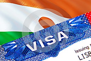 Niger Visa in passport. USA immigration Visa for Niger citizens focusing on word VISA. Travel Niger visa in national