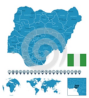 Nigeria - detailed blue country map with cities, regions, location on world map and globe. Infographic icons