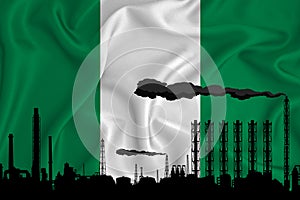 Nigeria flag, background with space for your logo - industrial 3D illustration.Silhouette of a chemical plant, oil refining, gas,