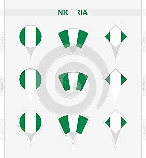 Nigeria flag, set of location pin icons of Nigeria flag