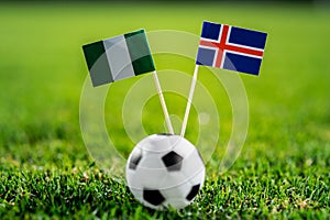 Nigeria - Iceland, Group D, Friday, 22. June, Football, World Cup, Russia 2018, National Flags on green grass, white football ball