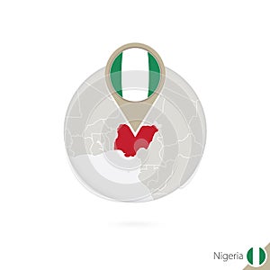 Nigeria map and flag in circle. Map of Nigeria, Nigeria flag pin