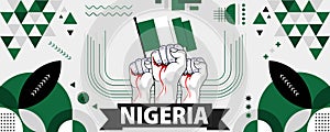 Nigeria national or independence day banner for country celebration. Flag of Nigeria with raised fists. Modern retro design with photo