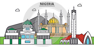 Nigeria outline city skyline, linear illustration, banner, travel landmark