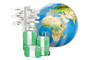 Nigeria travel concept. Suitcases with Nigerian flag, signpost a