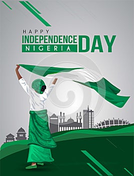 Nigerian Girl waving flag her hands. 1st october Happy Independence day celebration concept. can be used as poster or banner