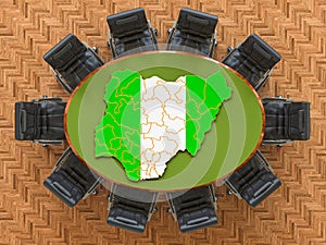 Nigerian goverment meeting. Map of Nigeria on the round table, 3D rendering photo